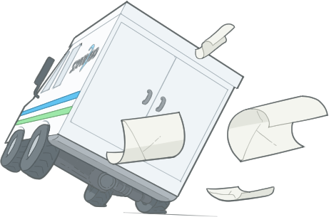 A cartoon delivery truck with papers flying out of the back, tilting to one side as it drives.