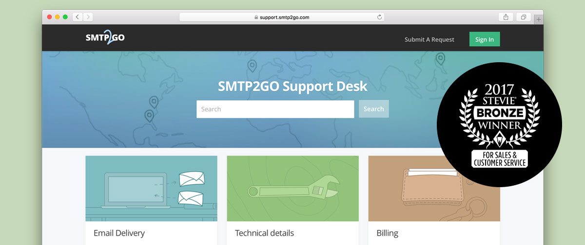 Customer Service Recognition for SMTP2GO at the Stevie Awards