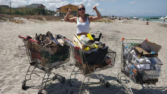 Image of Teresa with the rubbish she picked up at the beach clean.
