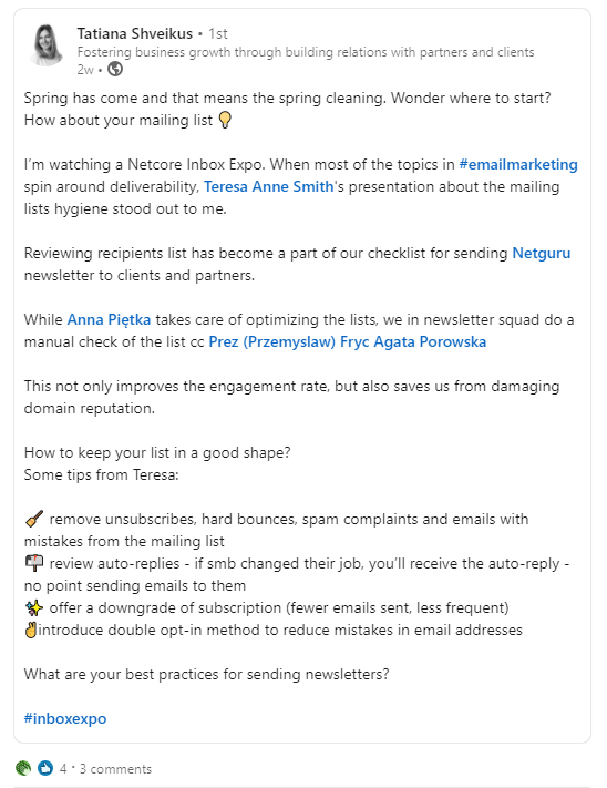 A tagged LinkedIn post about my Inbox Expo presentation.