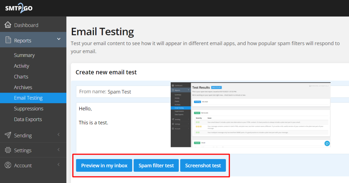 Reports > Email Testing section of the SMTP2GO Dashboard.