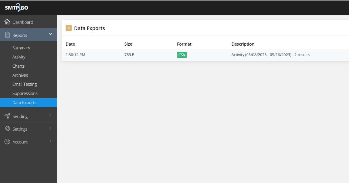 Reports > Data Exports section of the SMTP2GO Dashboard.