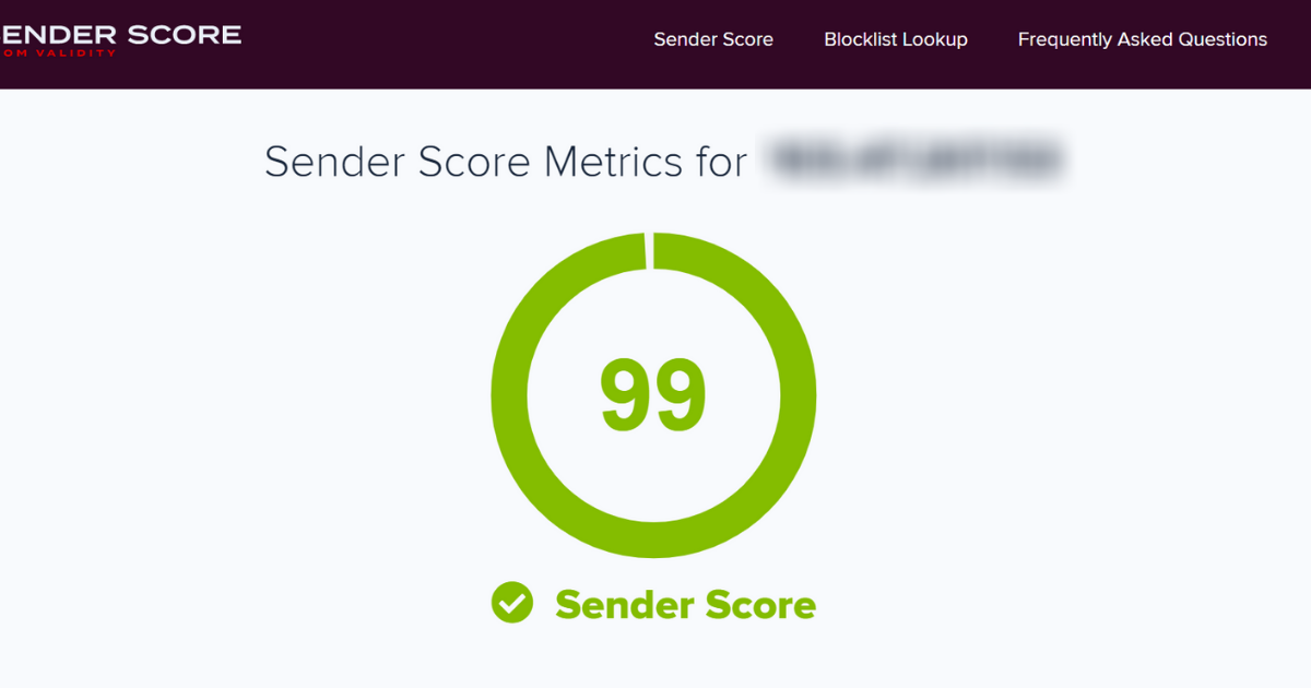 Sender Score results for a dedicated IP