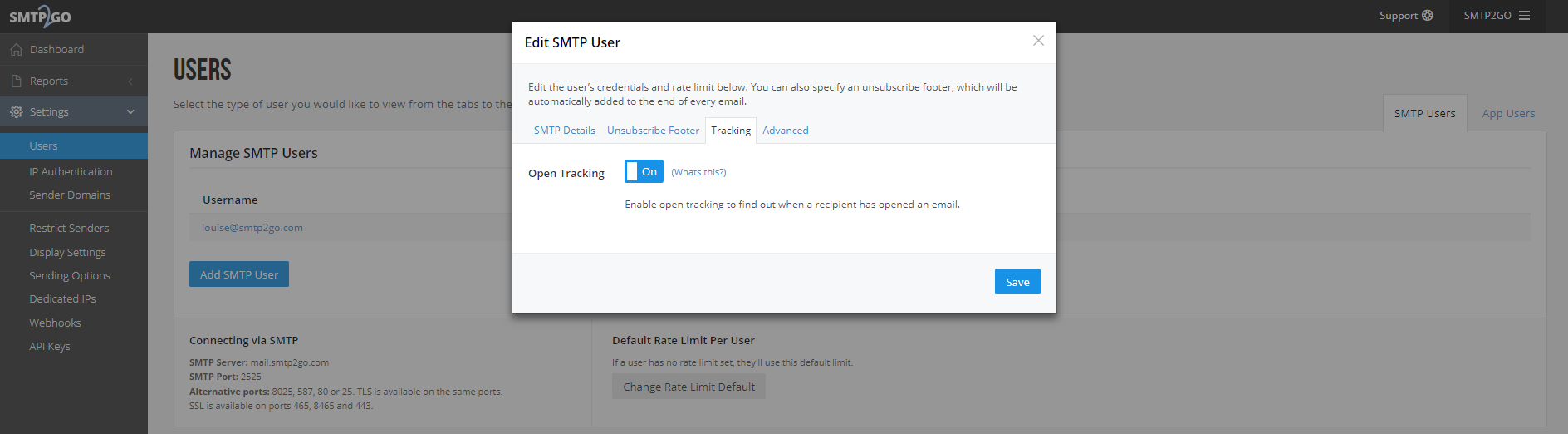 open rate tracking smtp2go setup users