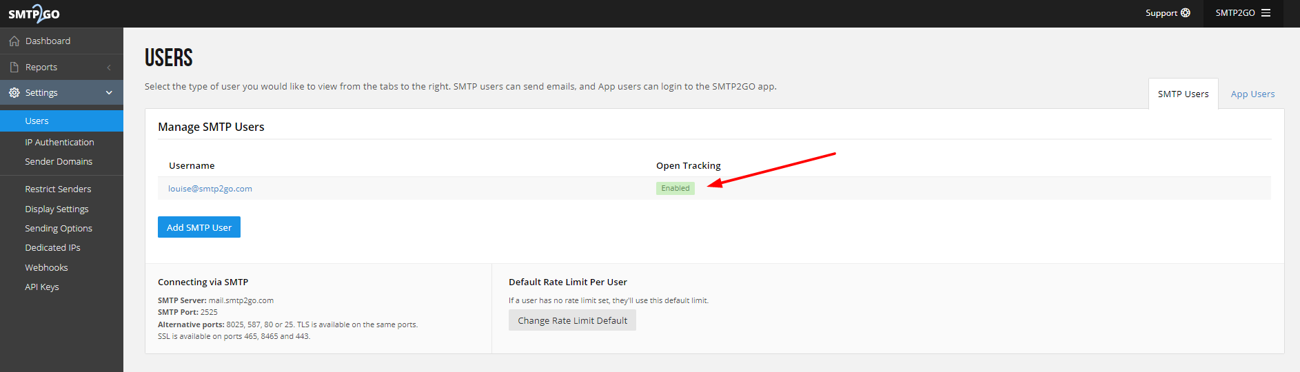 Username open rate tracking enabled smtp2go