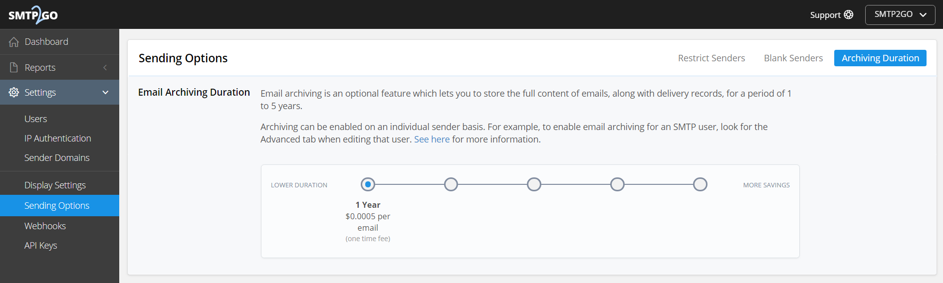 smtp2go dashboard sending options email archiving