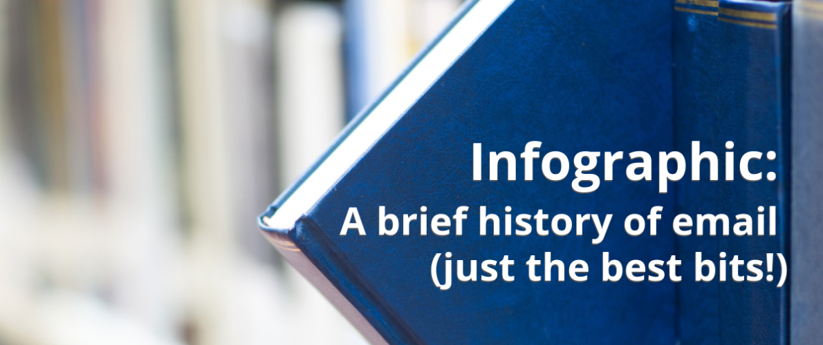 blue book on bookshelf showing text infographic: a brief history of email (just the best bits!)