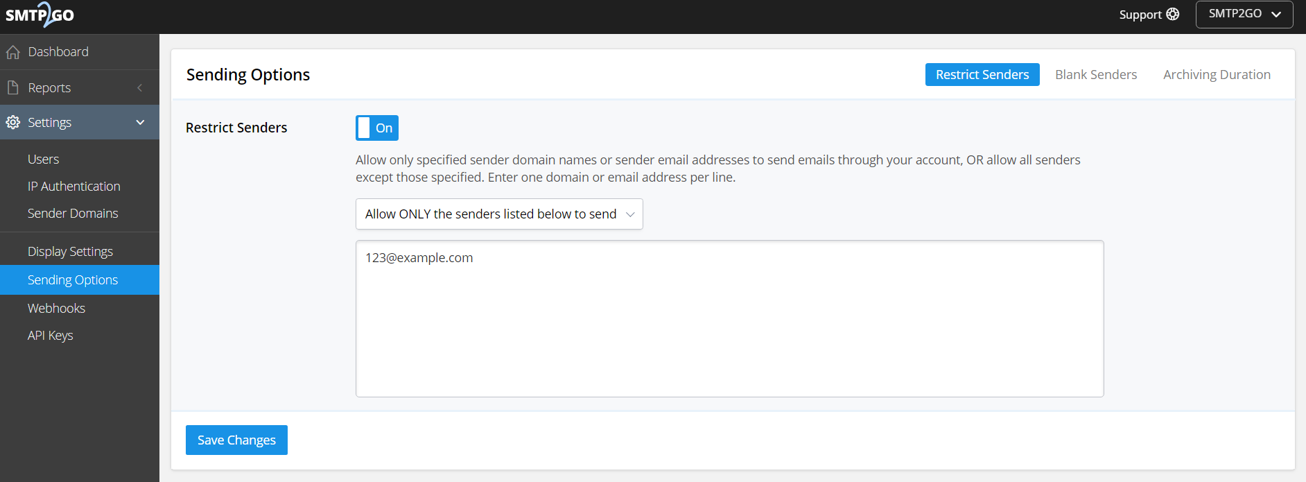 Smtp2go dashboard Sending options> Restrict senders
