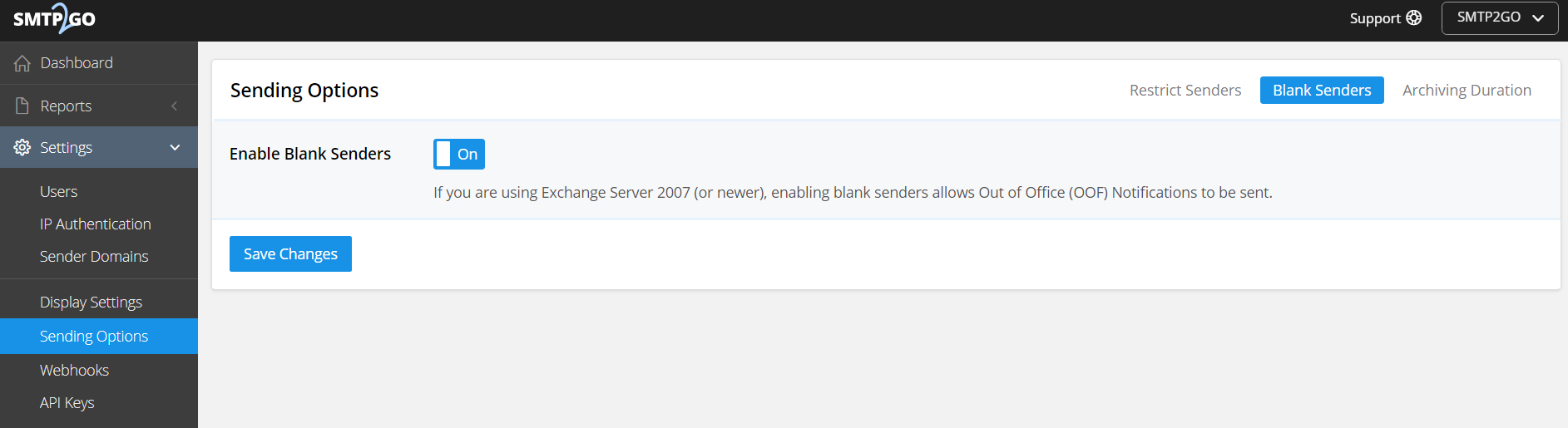 smtp2go dashboard settings sending options blank senders