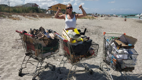 Image of Teresa with the rubbish she picked up at the beach clean. 