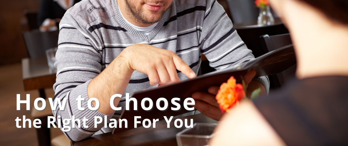 Closeup of a man's hand pointing at a tablet. Text: How to choose the right plan for you