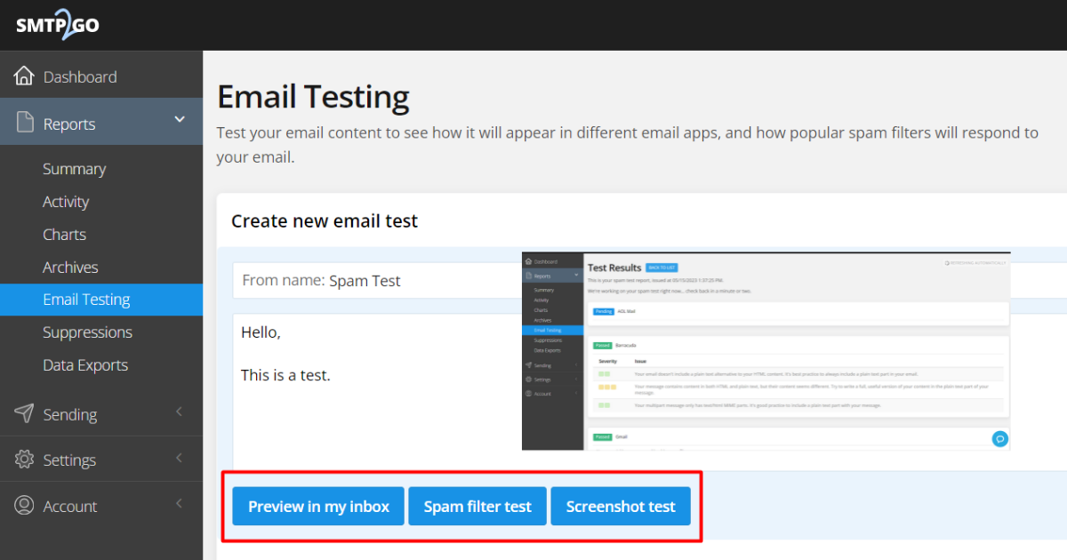 Reports > Email Testing section of the SMTP2GO Dashboard. 