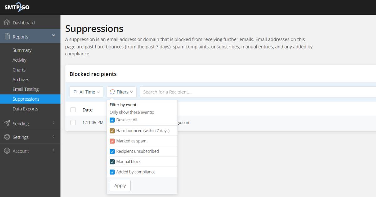 Reports > Suppressions section of the SMTP2GO Dashboard. 