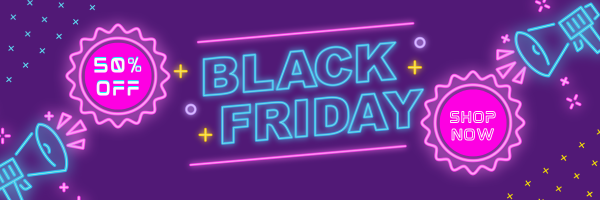 neon messages saying black friday, 50% off and sale on a purple background