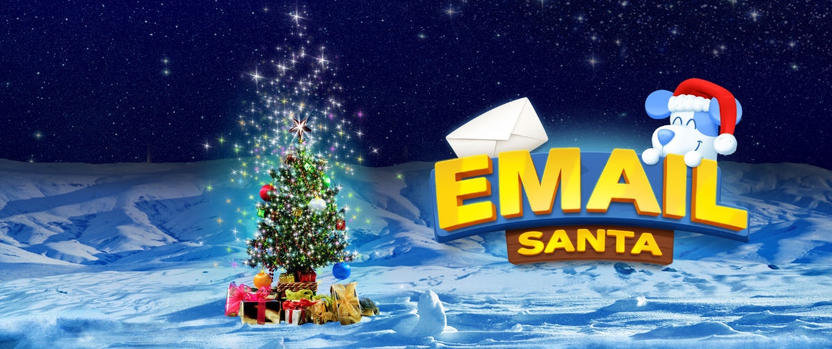 the text Email Santa showing over a snowy background with a Christmas tree
