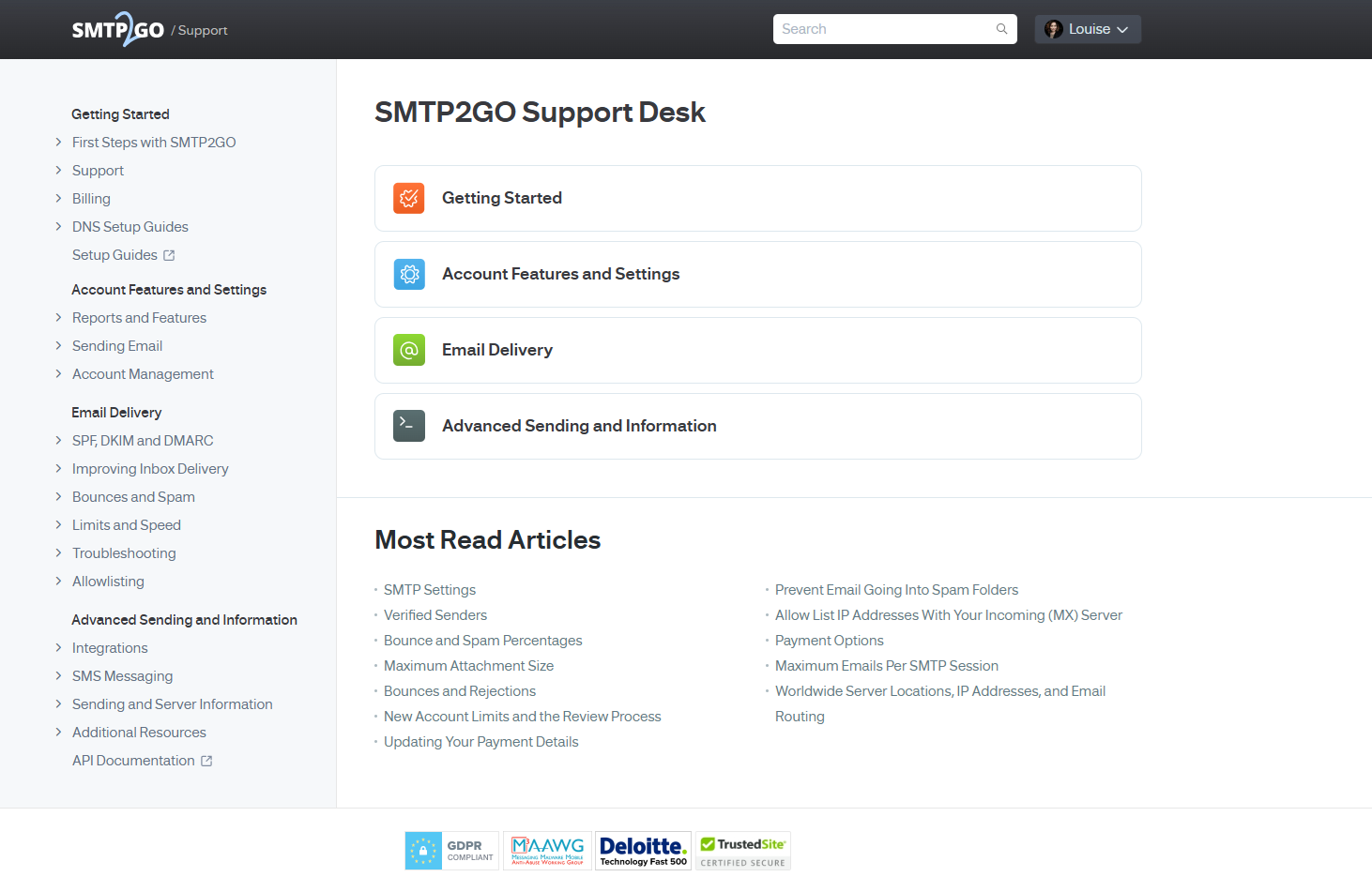 screenshot of the SMTP2GO knowledge base page