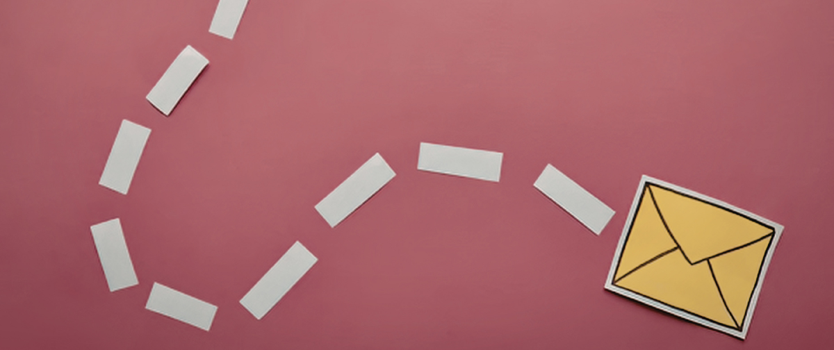 A stylized illustration of an email being sent through a winding path of message pieces to a yellow envelope on a pink background.